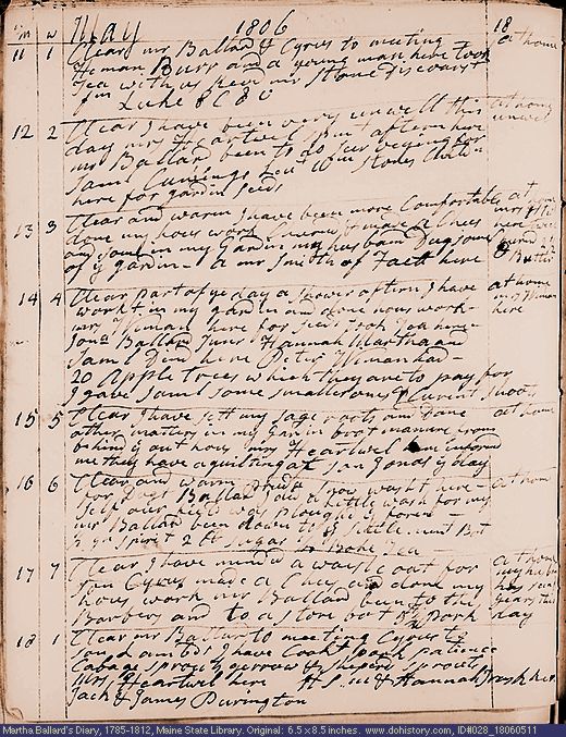 May 11-18, 1806 diary page (image, 138K). Choose 'View Text' (at left) for faster download.