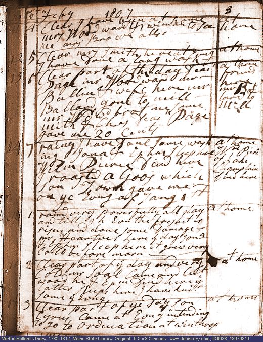 Feb. 11-17, 1807 diary page (image, 133K). Choose 'View Text' (at left) for faster download.