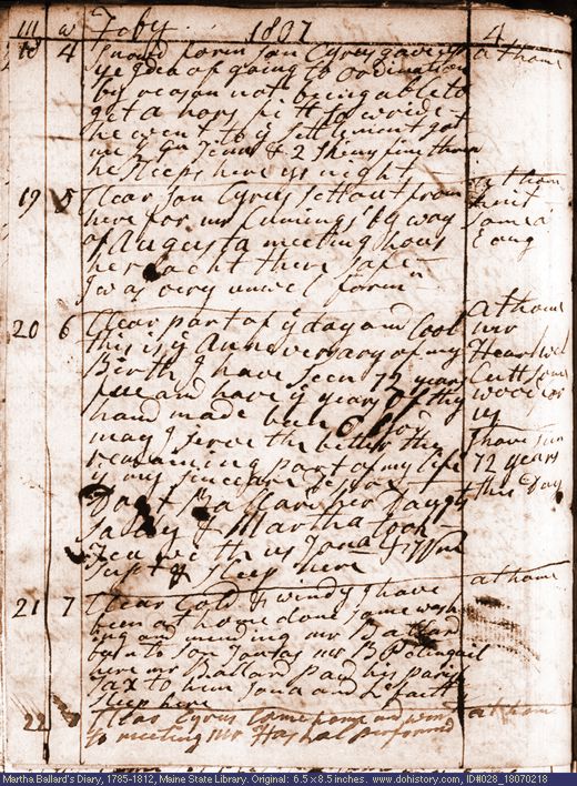Feb. 18-22, 1807 diary page (image, 132K). Choose 'View Text' (at left) for faster download.