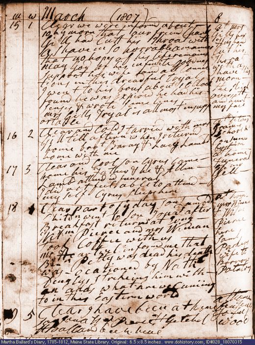 Mar. 15-19, 1807 diary page (image, 136K). Choose 'View Text' (at left) for faster download.