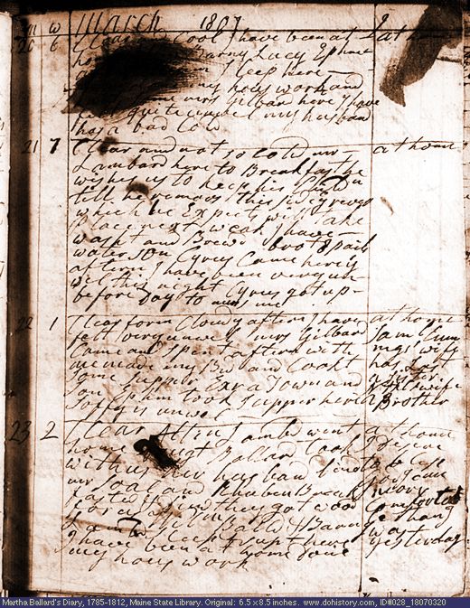 Mar. 20-23, 1807 diary page (image, 129K). Choose 'View Text' (at left) for faster download.