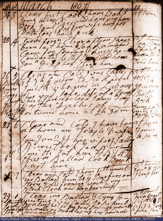 Mar. 24-29, 1807 diary page (image, 136K). Choose 'View Text' (at left) for faster download.