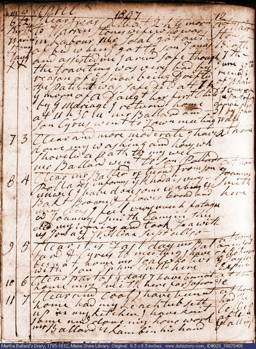 Apr. 6-11, 1807 diary page (image, 137K). Choose 'View Text' (at left) for faster download.