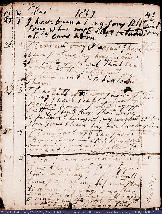 Dec. 27-31, 1807 diary page (image, 119K). Choose 'View Text' (at left) for faster download.