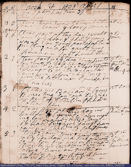Mar. 30-Apr. 5, 1808 diary page (image, 123K). Choose 'View Text' (at left) for faster download.
