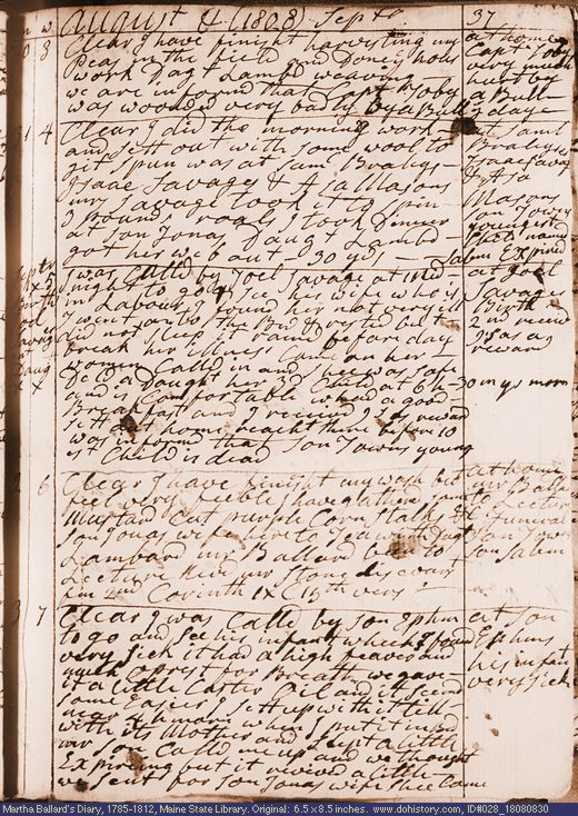 Aug. 30-Sep. 3, 1808 diary page (image, 150K). Choose 'View Text' (at left) for faster download.