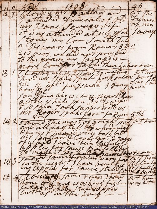 Nov. 12-16, 1808 diary page (image, 130K). Choose 'View Text' (at left) for faster download.