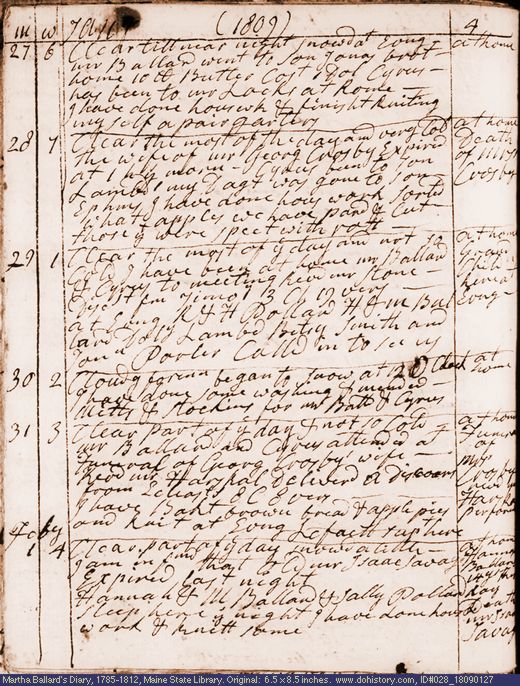 Jan. 27-Feb. 1, 1809 diary page (image, 131K). Choose 'View Text' (at left) for faster download.
