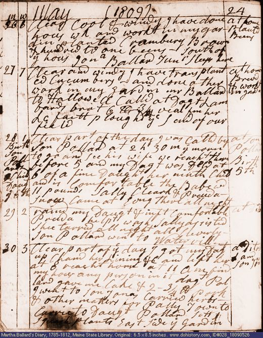 May 26-30, 1809 diary page (image, 125K). Choose 'View Text' (at left) for faster download.