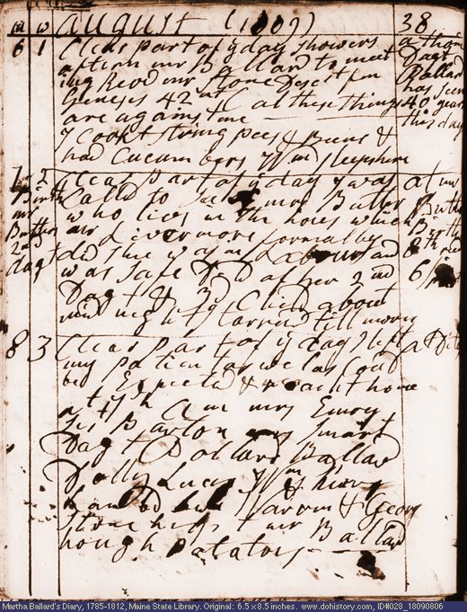 Aug. 6-8, 1809 diary page (image, 119K). Choose 'View Text' (at left) for faster download.