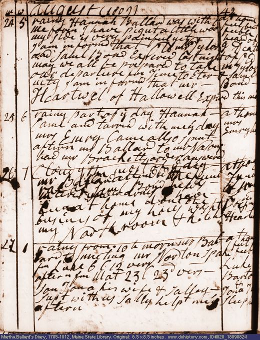 Aug. 24-27, 1809 diary page (image, 129K). Choose 'View Text' (at left) for faster download.