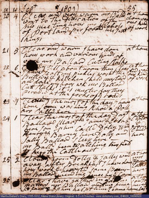 Sep. 20-26, 1809 diary page (image, 131K). Choose 'View Text' (at left) for faster download.