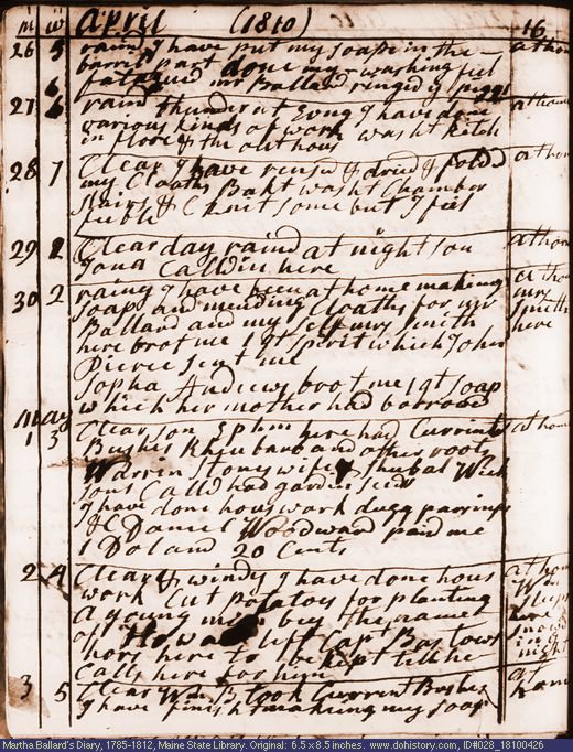 Apr. 26-May 3, 1810 diary page (image, 130K). Choose 'View Text' (at left) for faster download.