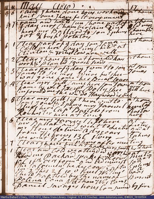 May 4-13, 1810 diary page (image, 139K). Choose 'View Text' (at left) for faster download.