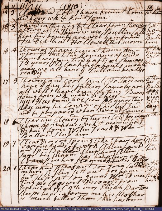 May 14-20, 1810 diary page (image, 134K). Choose 'View Text' (at left) for faster download.
