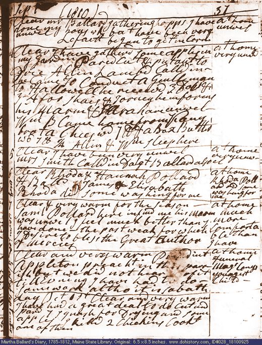 Sep. 25-Oct. 1, 1810 diary page (image, 145K). Choose 'View Text' (at left) for faster download.
