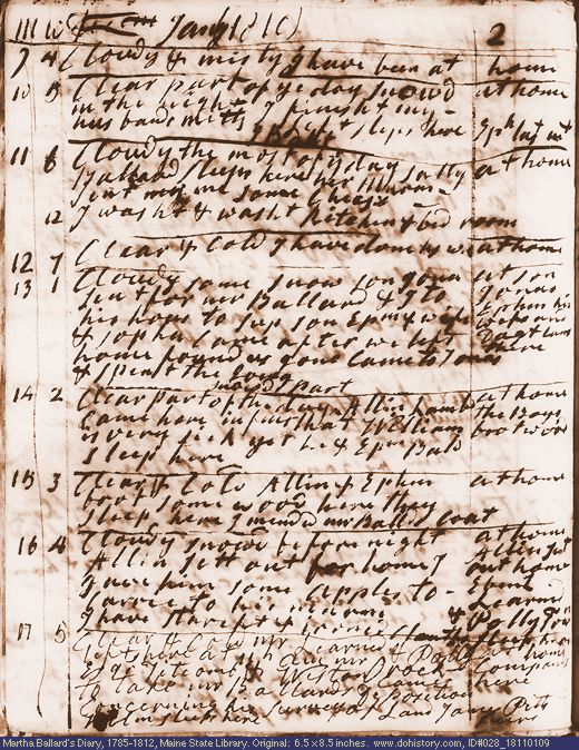 Jan. 9-17, 1811 diary page (image, 134K). Choose 'View Text' (at left) for faster download.