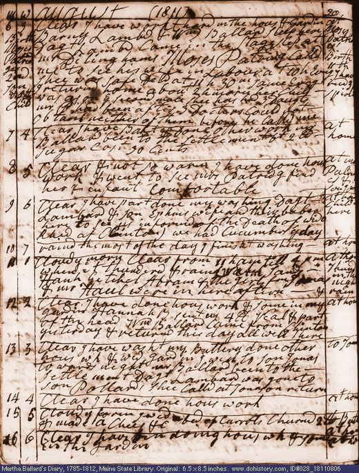 Aug. 6-16, 1811 diary page (image, 153K). Choose 'View Text' (at left) for faster download.