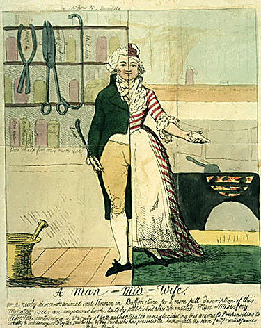 a 1793 satirical cartoon of a person split down the middle; on the left a man-midwife with his instruments, books, and potions on the wall, and on the right a female midwife with her hearth, pap boat (for feeding soft food to infants and invalids) and few containers on her wall for herbs and simples. The interactive cartoon reveals additional information about most of the items in the cartoon. Clearly this cartoonist is critical of the man-midwife and critical of his motives.